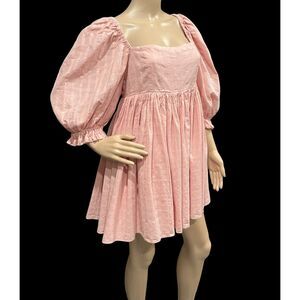 MABLE Pink/Mauve Cottagcore Smocked Puff Sleeve Pleated Skirt Mini Dress Sz M